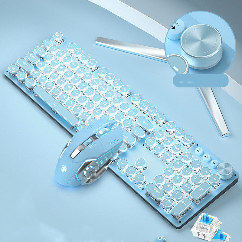 Wired Mechanical Keyboard and Mouse Set USB Rechargeable Blue Retro Edition