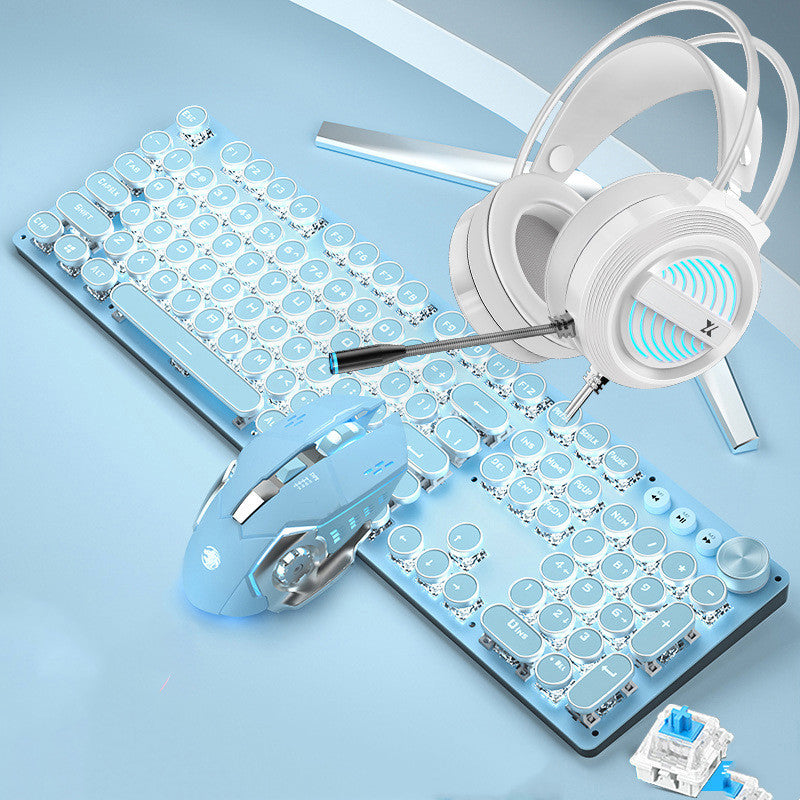 Wired Mechanical Keyboard and Mouse Set USB Rechargeable Blue Retro Edition